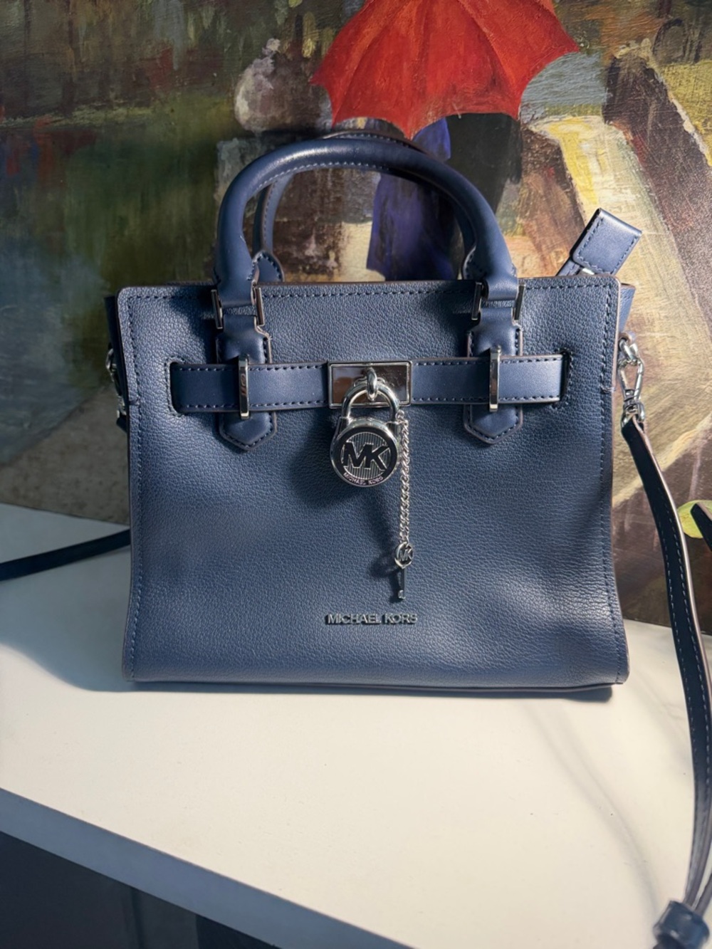 Michael Kors Navy Leather Satchel with Signature Lock Charm